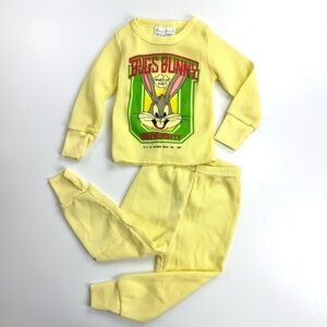 Vintage 80s Warner Bros Bugs Bunny Yellow Thermal Baby Pajama Set Sz 12M Retro
